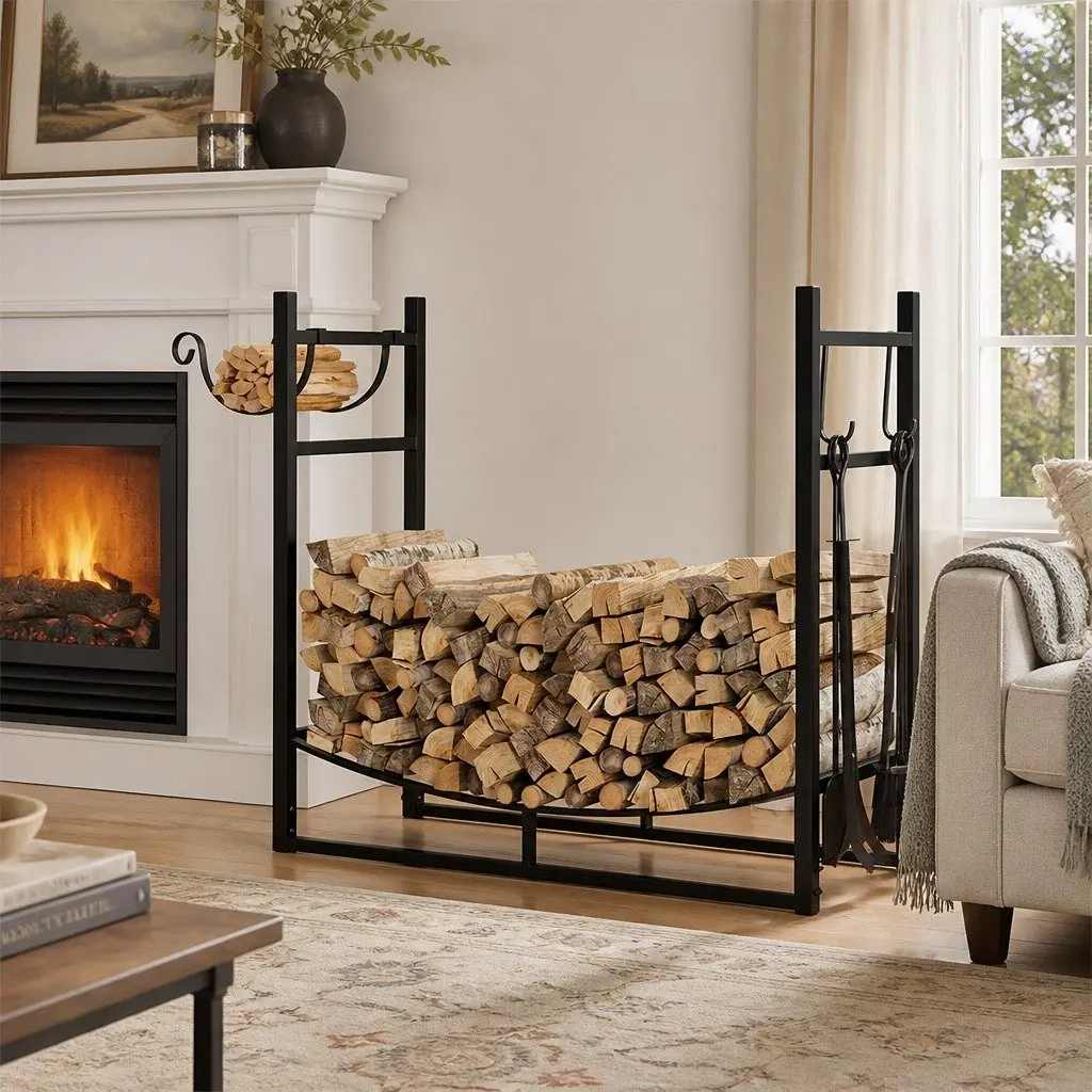 Firewood Rack Log Storage Holder with Fireplace Tools Set Heavy Duty Metal