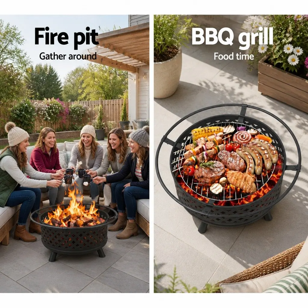 2-in-1 Fire Pit BBQ Grill 76cm Outdoor Heating Fireplace Garden Patio Charcoal