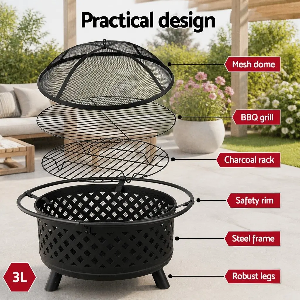2-in-1 Fire Pit BBQ Grill 76cm Outdoor Heating Fireplace Garden Patio Charcoal
