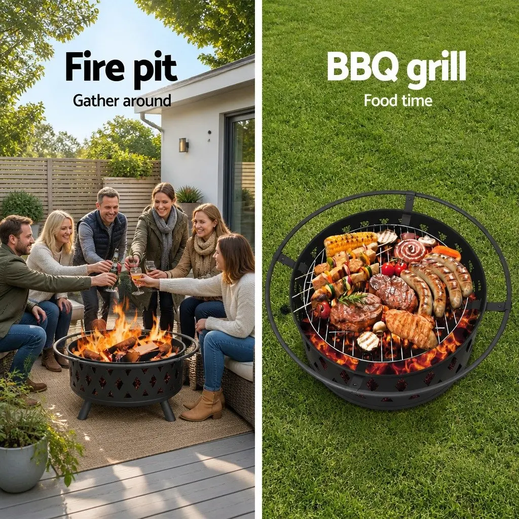 BBQ Grill Fire Pit 82cm 2-in-1 Outdoor Heating Cooking Garden Patio Fireplace