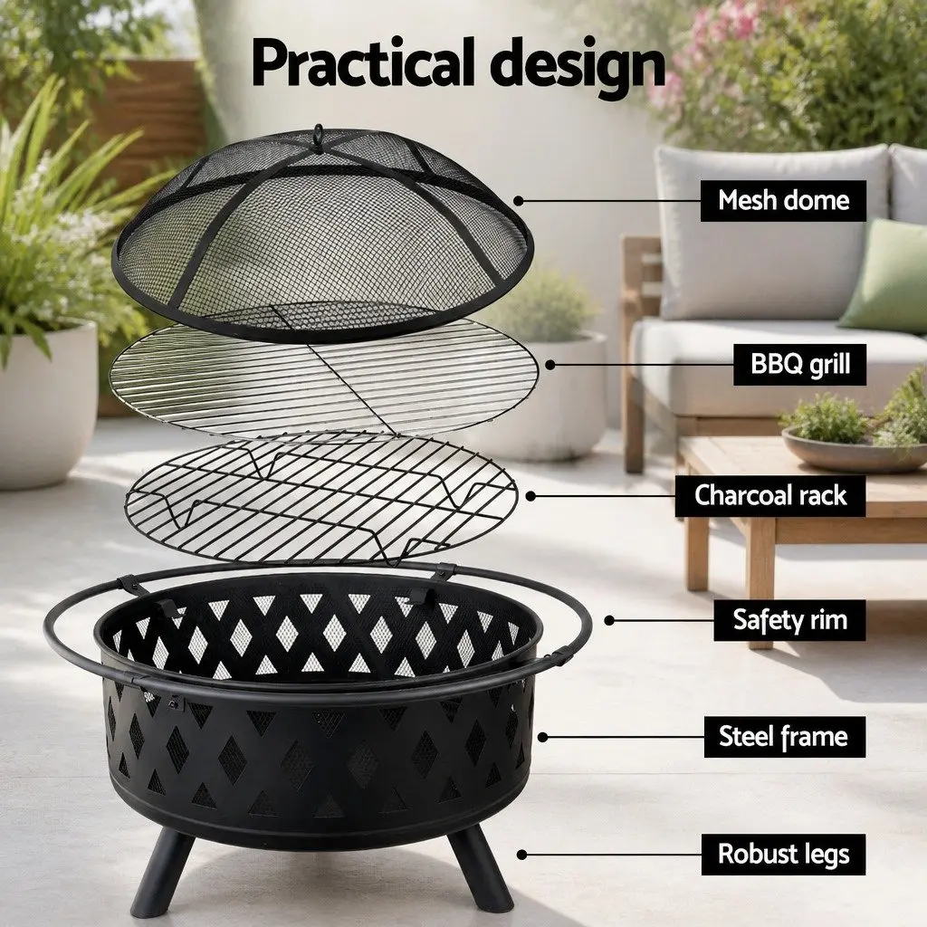 BBQ Grill Fire Pit 82cm 2-in-1 Outdoor Heating Cooking Garden Patio Fireplace