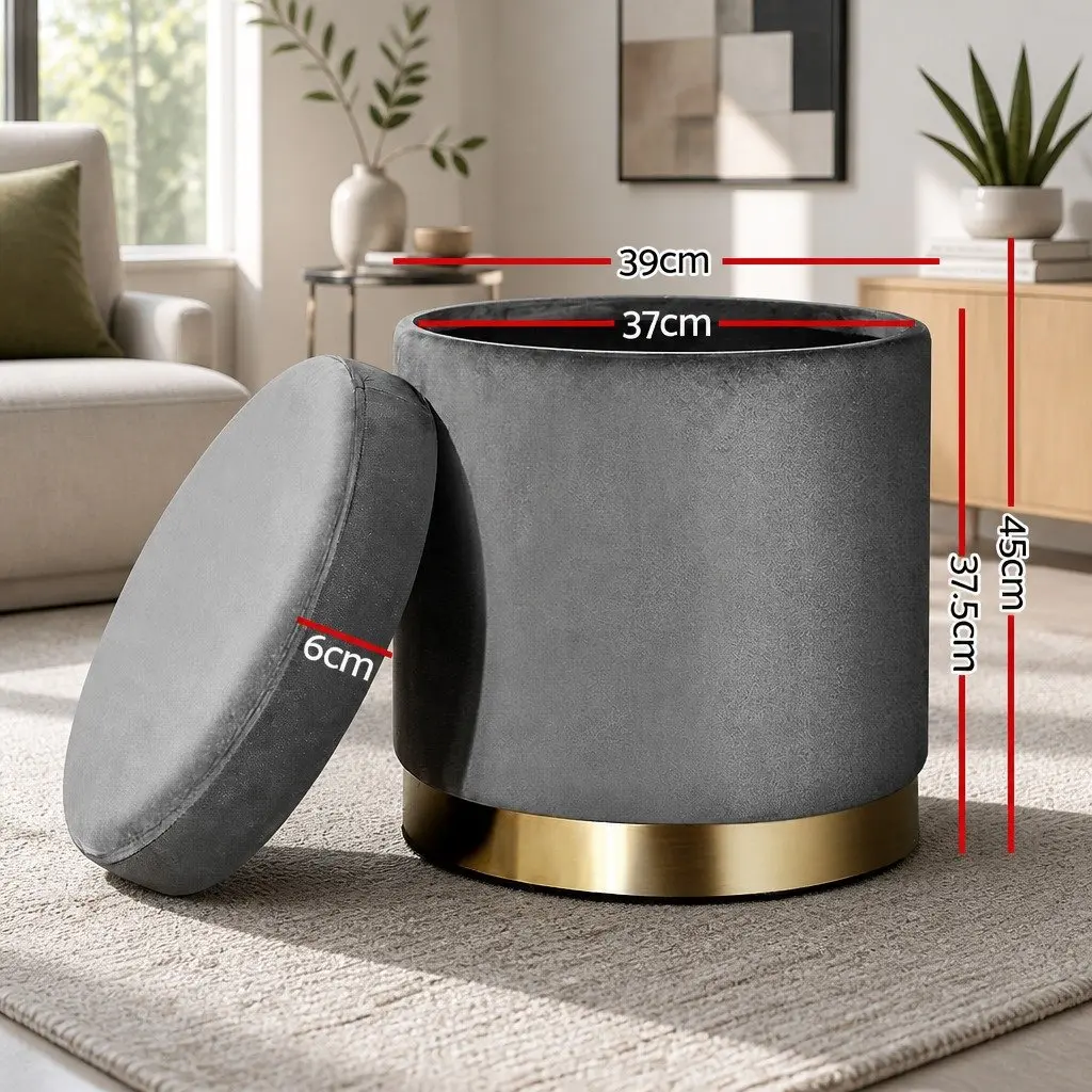 Round Ottoman Storage Footstool Velvet Charcoal Grey 40cm x 45cm