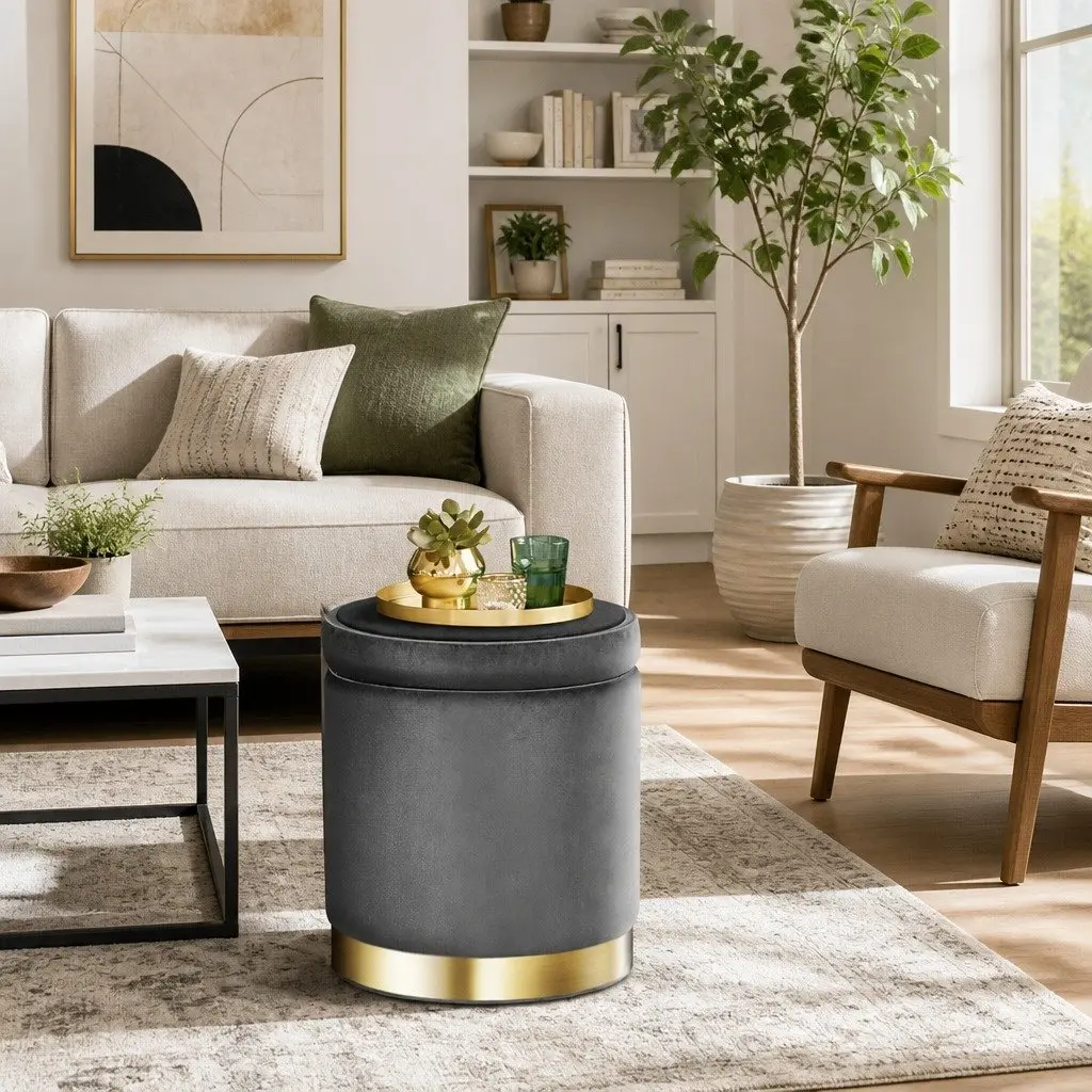 Round Ottoman Storage Footstool Velvet Charcoal Grey 40cm x 45cm