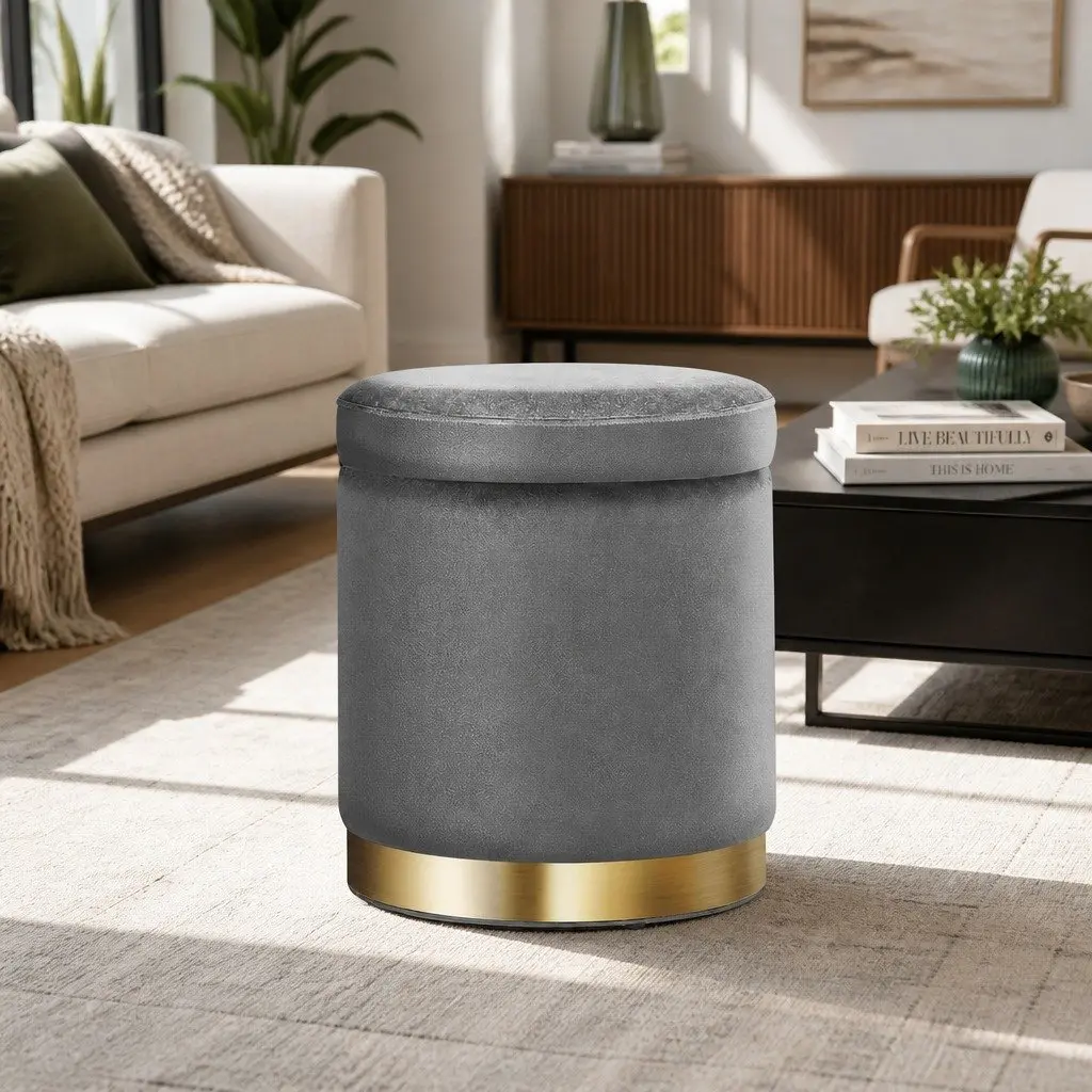 Round Ottoman Storage Footstool Velvet Charcoal Grey 40cm x 45cm