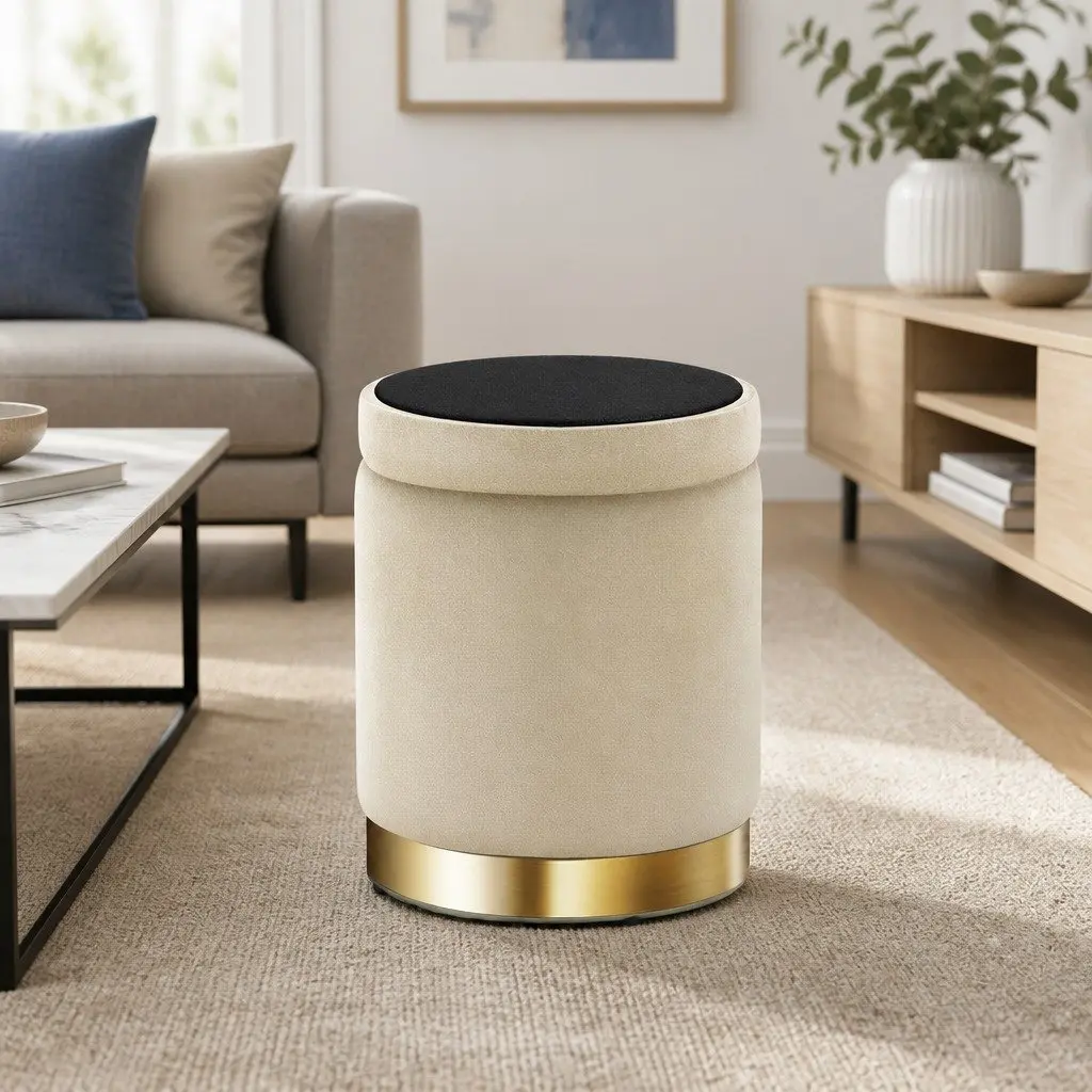Round Ottoman with Storage and Tufted Velvet Seat