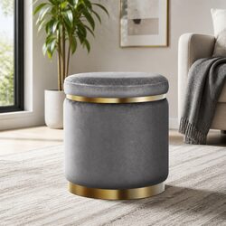 Ottoman Foot Stool Round Velvet Charcoal Grey Upholstered Seat Sturdy Home