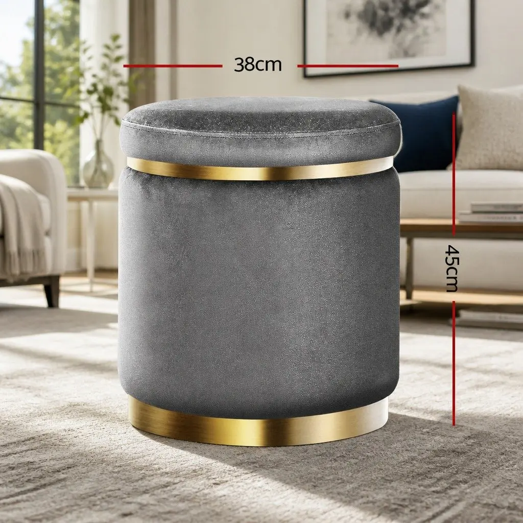 Ottoman Foot Stool Round Velvet Charcoal Grey Upholstered Seat 38cm