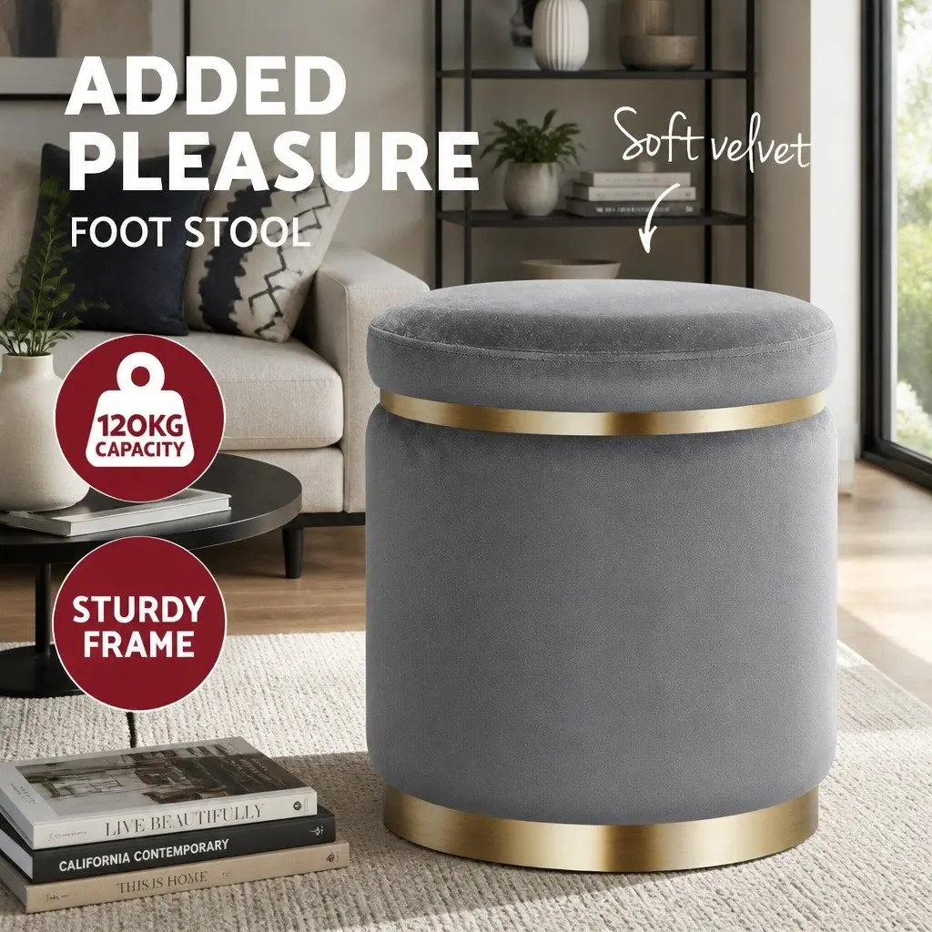 Ottoman Foot Stool Round Velvet Charcoal Grey Upholstered Seat 38cm