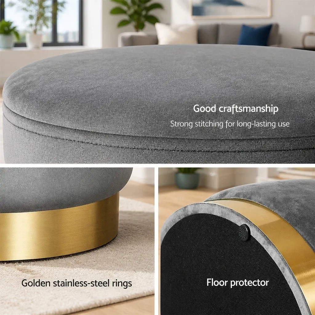 Ottoman Foot Stool Round Velvet Charcoal Grey Upholstered Seat 38cm