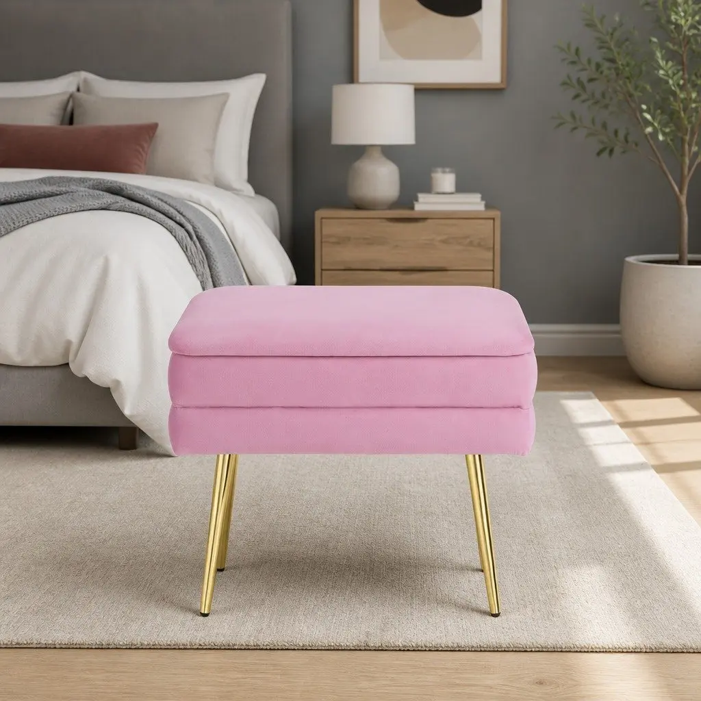 Ottoman Storage Foot Stool Velvet Pink Upholstered Seat with Detachable Lid 50cm x 34cm x 42cm