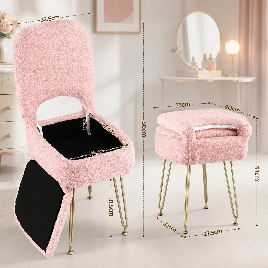 Storage Ottoman Footstool with Adjustable Folding Backrest Pink 33cm x 40cm x 80cm