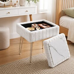 Friendly White Faux Fur Storage Ottoman for Your Home