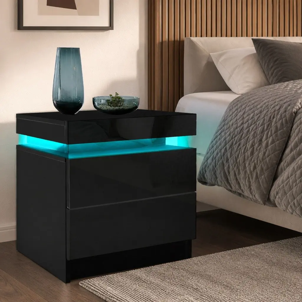 Bedside Table with LED Lighting 2 Drawers Storage Black 45cm L x 35cm W x 52cm H