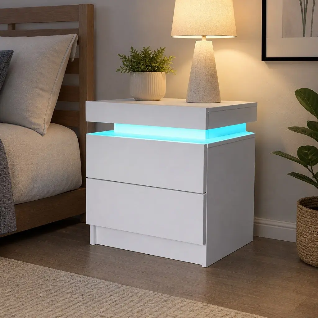 Bedside Table RGB LED White Storage Drawers Lift-Top Compartment 45cm L x 35cm W x 52cm H