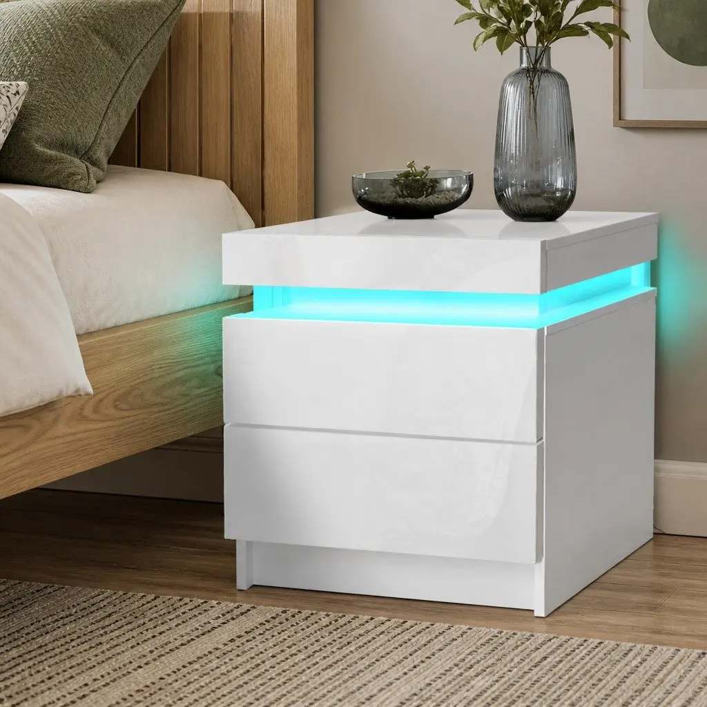 Bedside Table RGB LED White Storage Drawers Lift-Top Compartment 45cm L x 35cm W x 52cm H