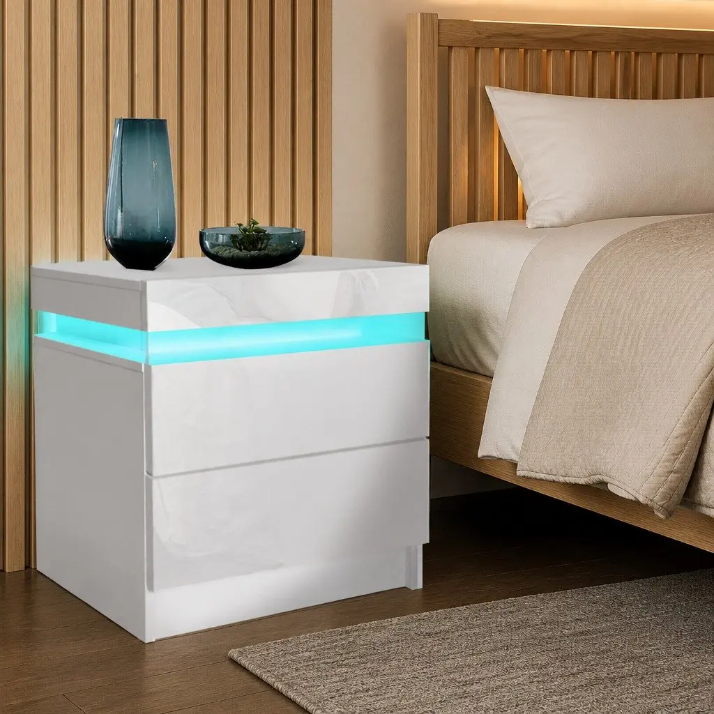 Bedside Table RGB LED White Storage Drawers Lift-Top Compartment 45cm L x 35cm W x 52cm H