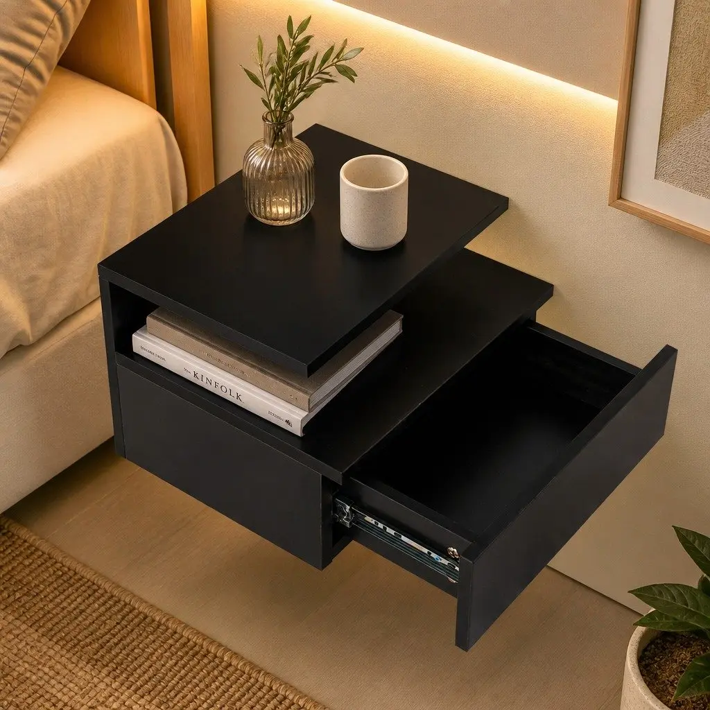 Wall Mounted Bedside Table with LED Light Black Set of 2