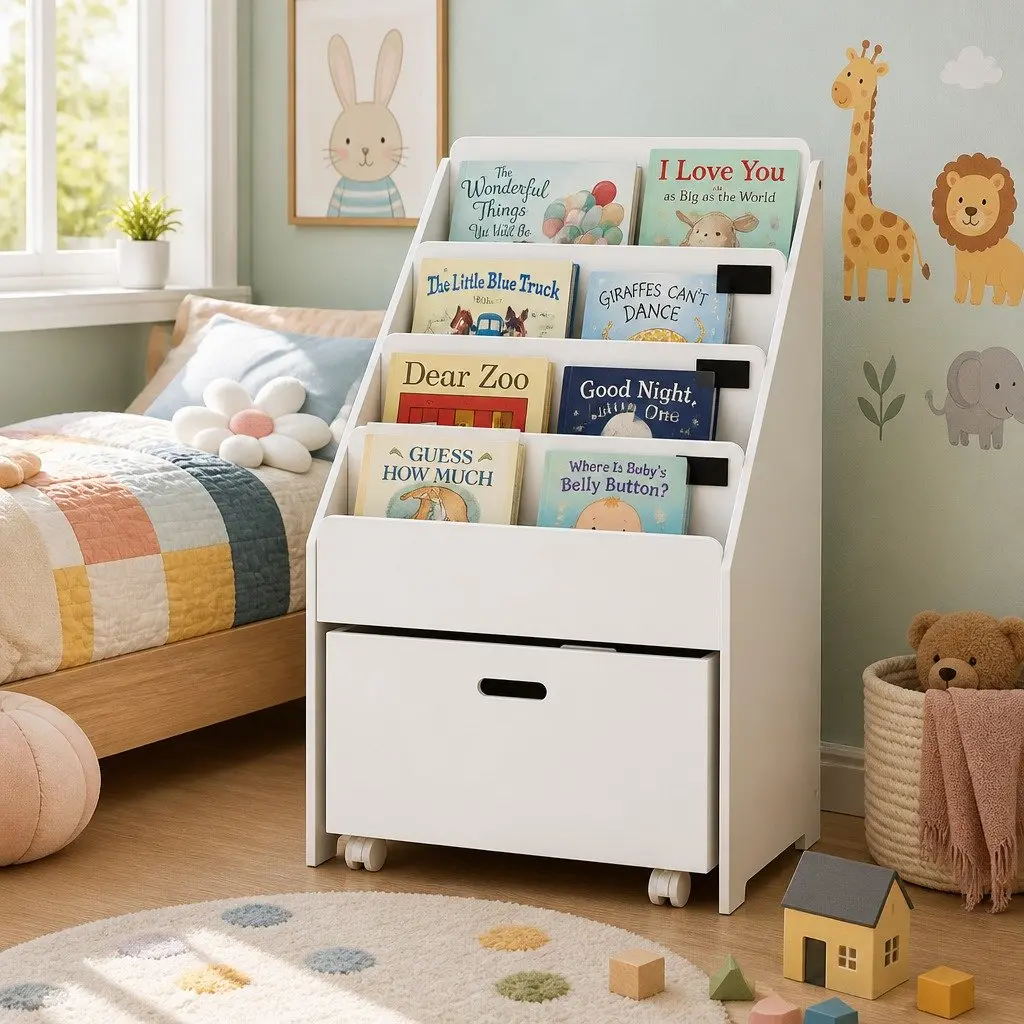 Kids Bookshelf 4 Tier Storage Organiser White with Drawers and Chalkboard Labels