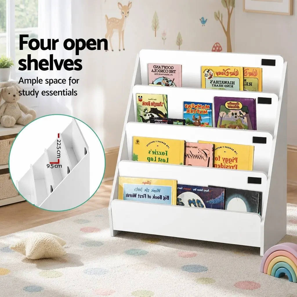 Kids Bookshelf 4 Tier Storage Organiser White with Drawers and Chalkboard Labels