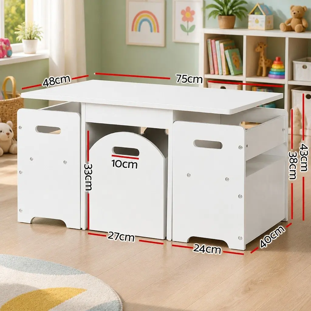 Kids Table and Chairs Set 3 Piece Storage Box Play Activity Desk White