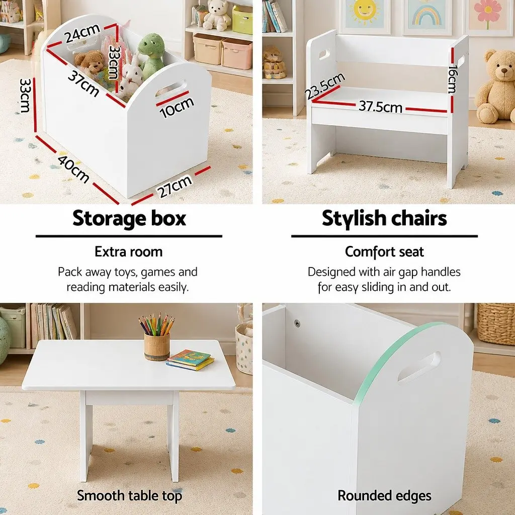 Kids Table and Chairs Set 3 Piece Storage Box Play Activity Desk White