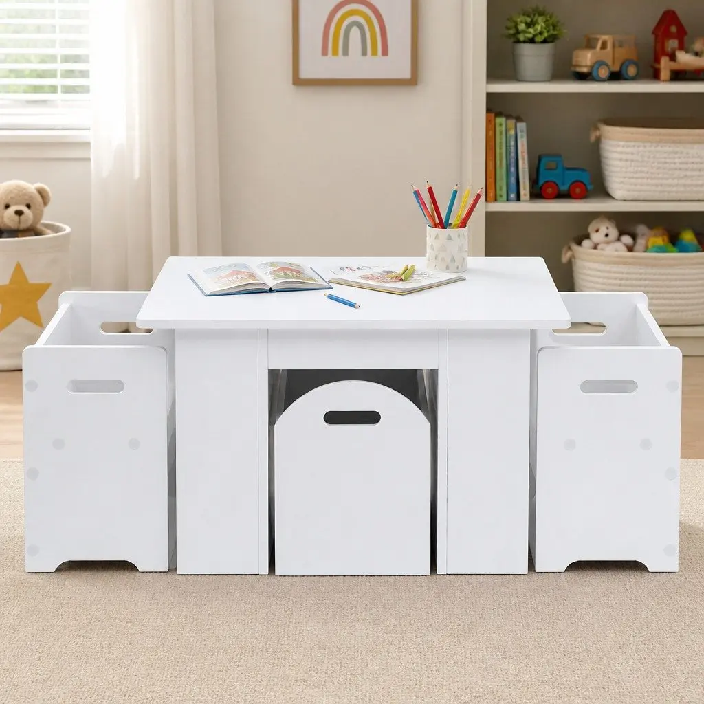 Kids Table and Chairs Set with Storage Box White Play Activity Desk 3 Piece
