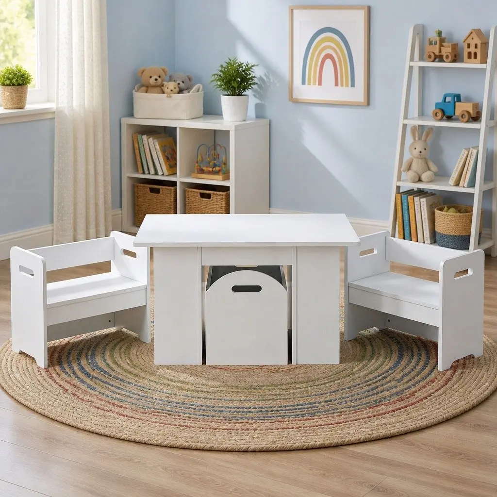 Kids Table and Chairs Set with Storage Box White Play Activity Desk 3 Piece