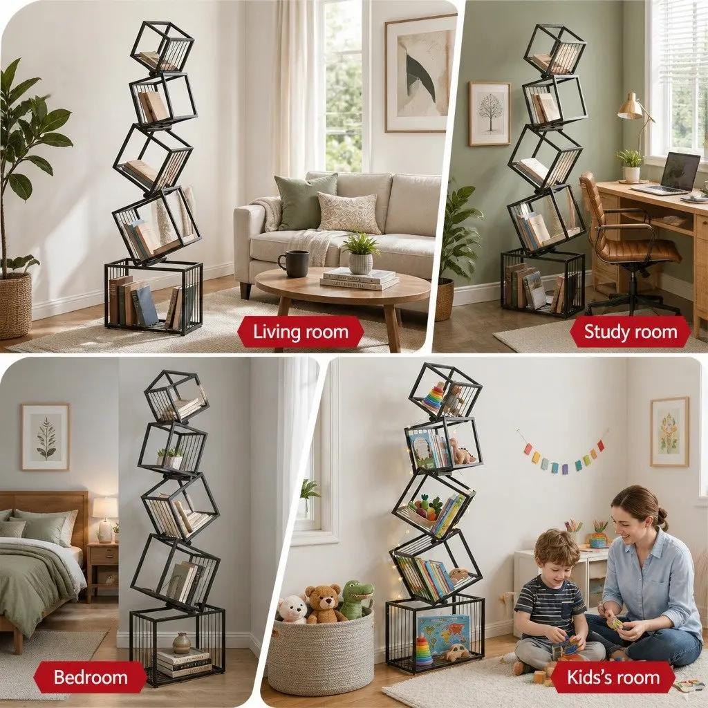 5-Tier Bookshelf Metal Geometric Display Shelf Storage Organizer Black Vertical