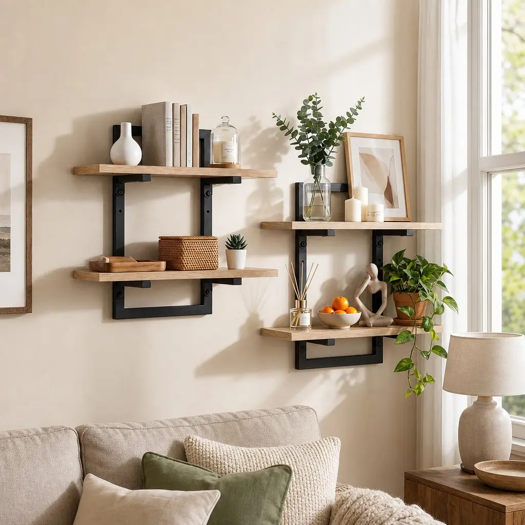 Floating Wall Shelf 2-Tier Wood and Metal Set of 2 Space-Saving Display Ledge