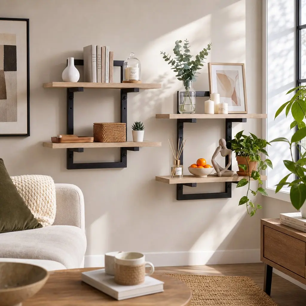 Floating Wall Shelf 2-Tier Wood and Metal Set of 2 Space-Saving Display Ledge