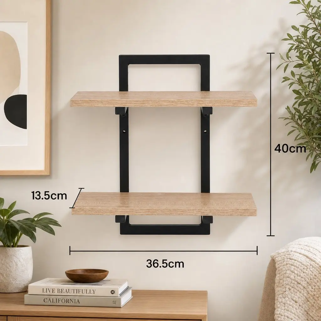 Floating Wall Shelf 2-Tier Wood and Metal Set of 2 Space-Saving Display Ledge