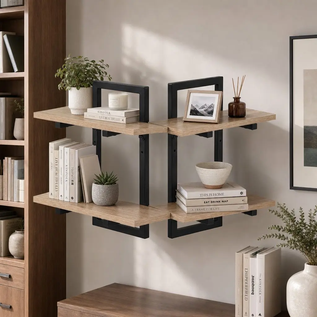 Floating Wall Shelf 2-Tier Wood and Metal Set of 2 Space-Saving Display Ledge