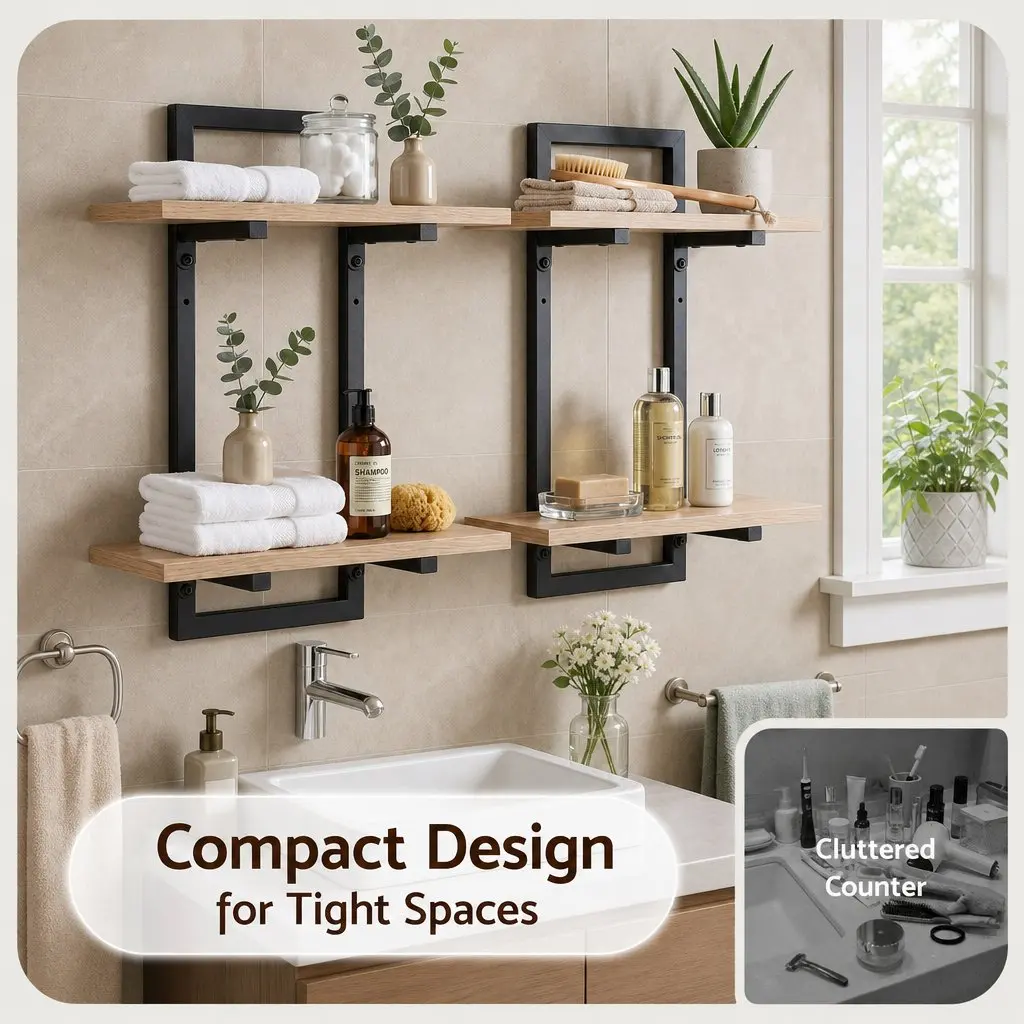 Floating Wall Shelf 2-Tier Wood and Metal Set of 2 Space-Saving Display Ledge