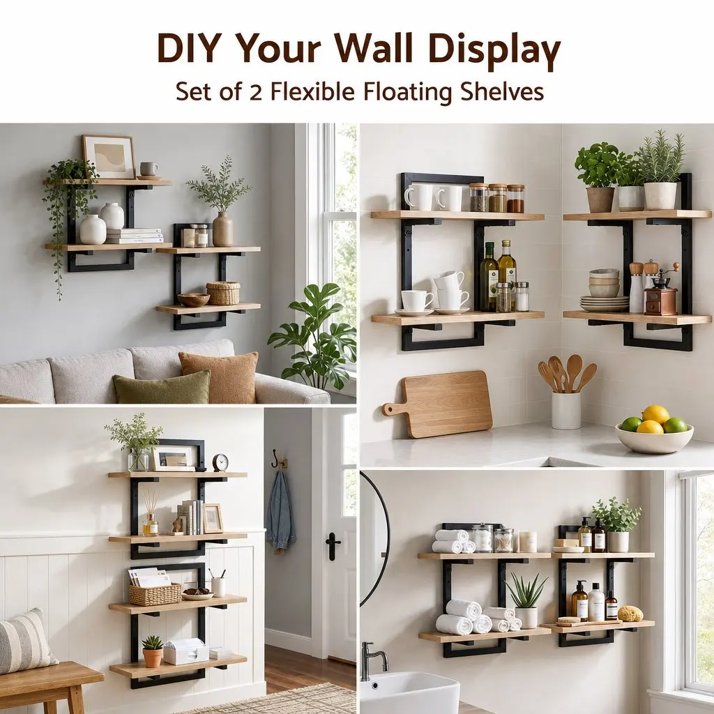 Floating Wall Shelf 2-Tier Wood and Metal Set of 2 Space-Saving Display Ledge