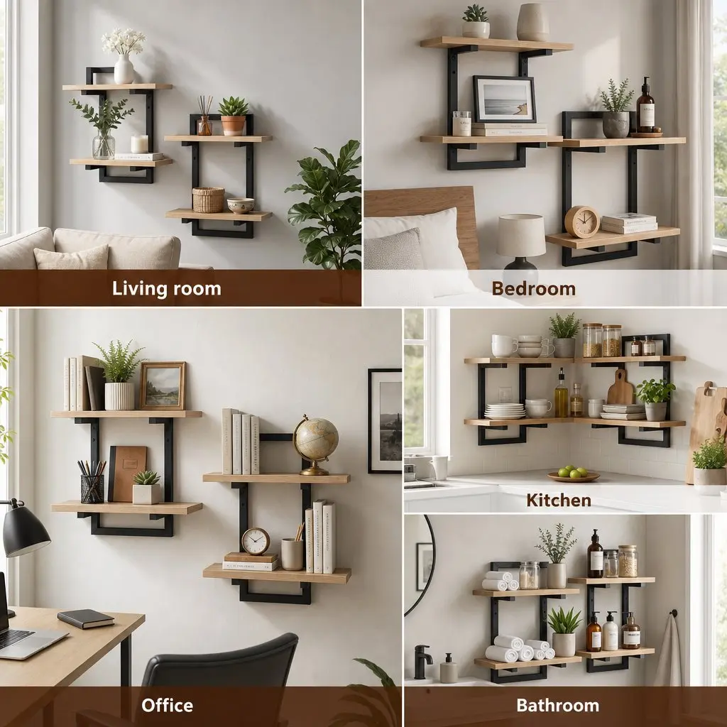 Floating Wall Shelf 2-Tier Wood and Metal Set of 2 Space-Saving Display Ledge