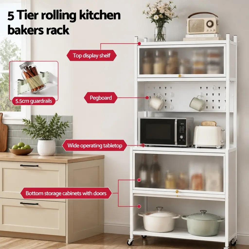 Kitchen Storage Cabinet White 80CM Pegboard Shelves with Hooks and Casters