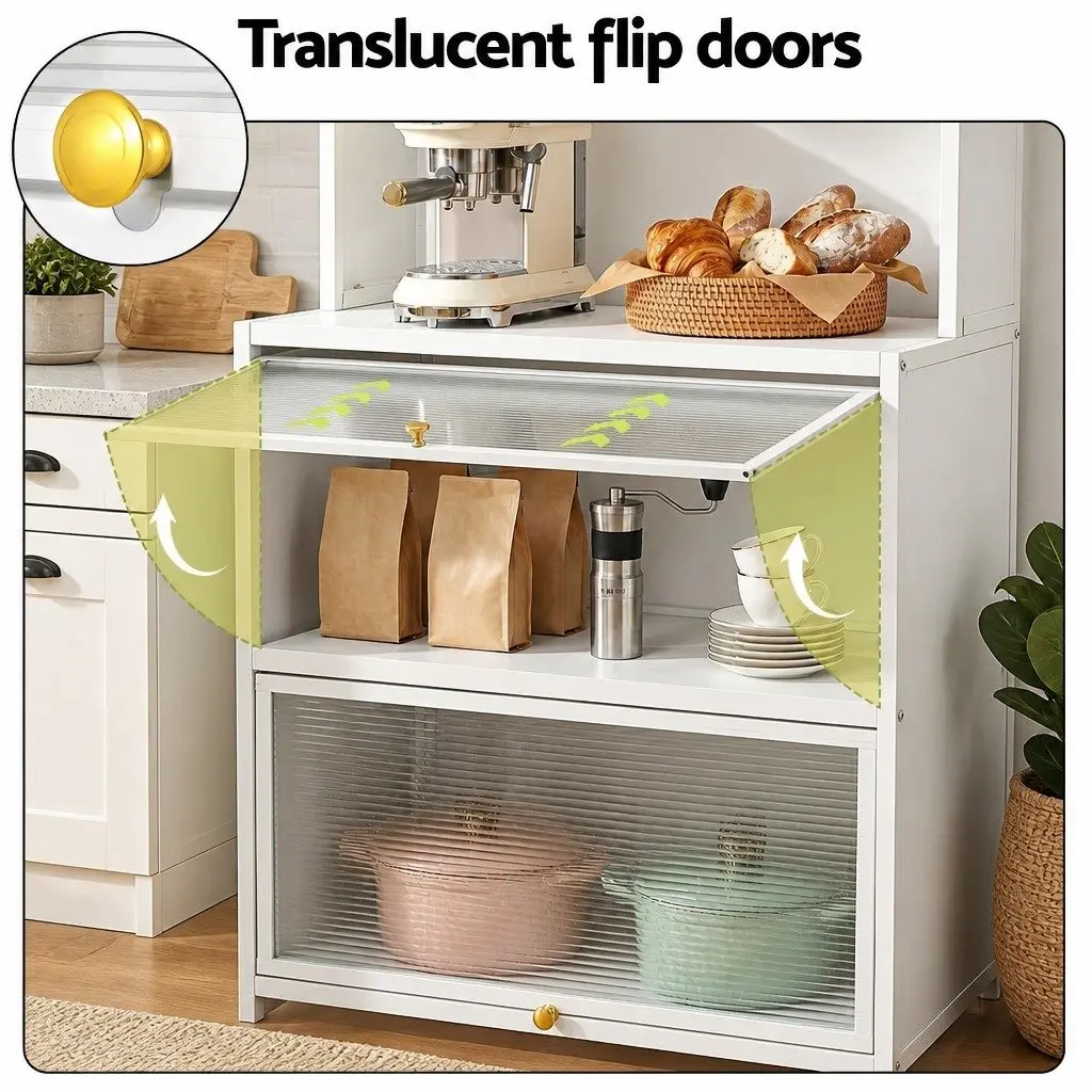 Kitchen Storage Cabinet White 80CM Pegboard Shelves with Hooks and Casters