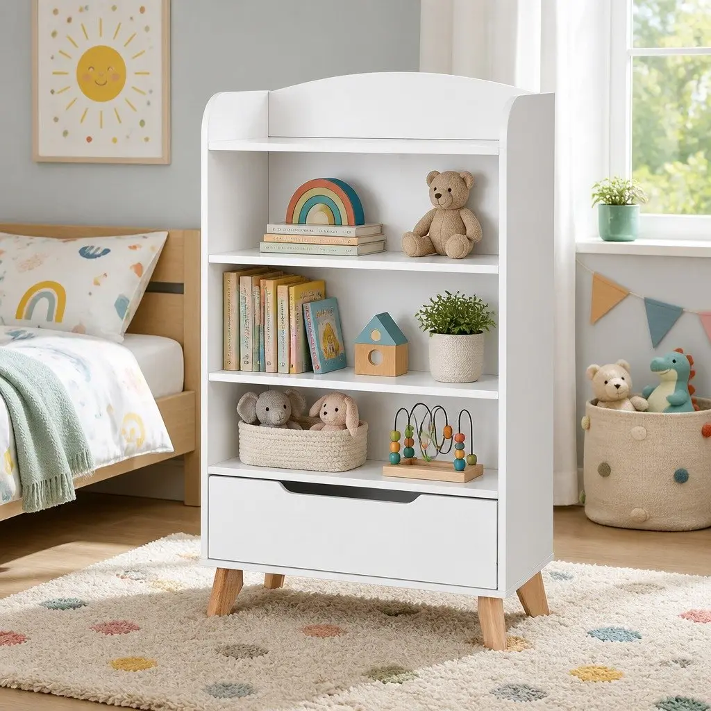 Kids Bookshelf Three Tier Storage Bookcase with Drawer Yellow