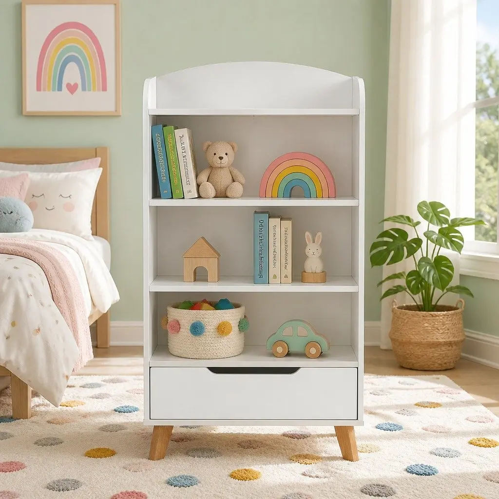 Kids Bookshelf Three Tier Storage Bookcase with Drawer Yellow
