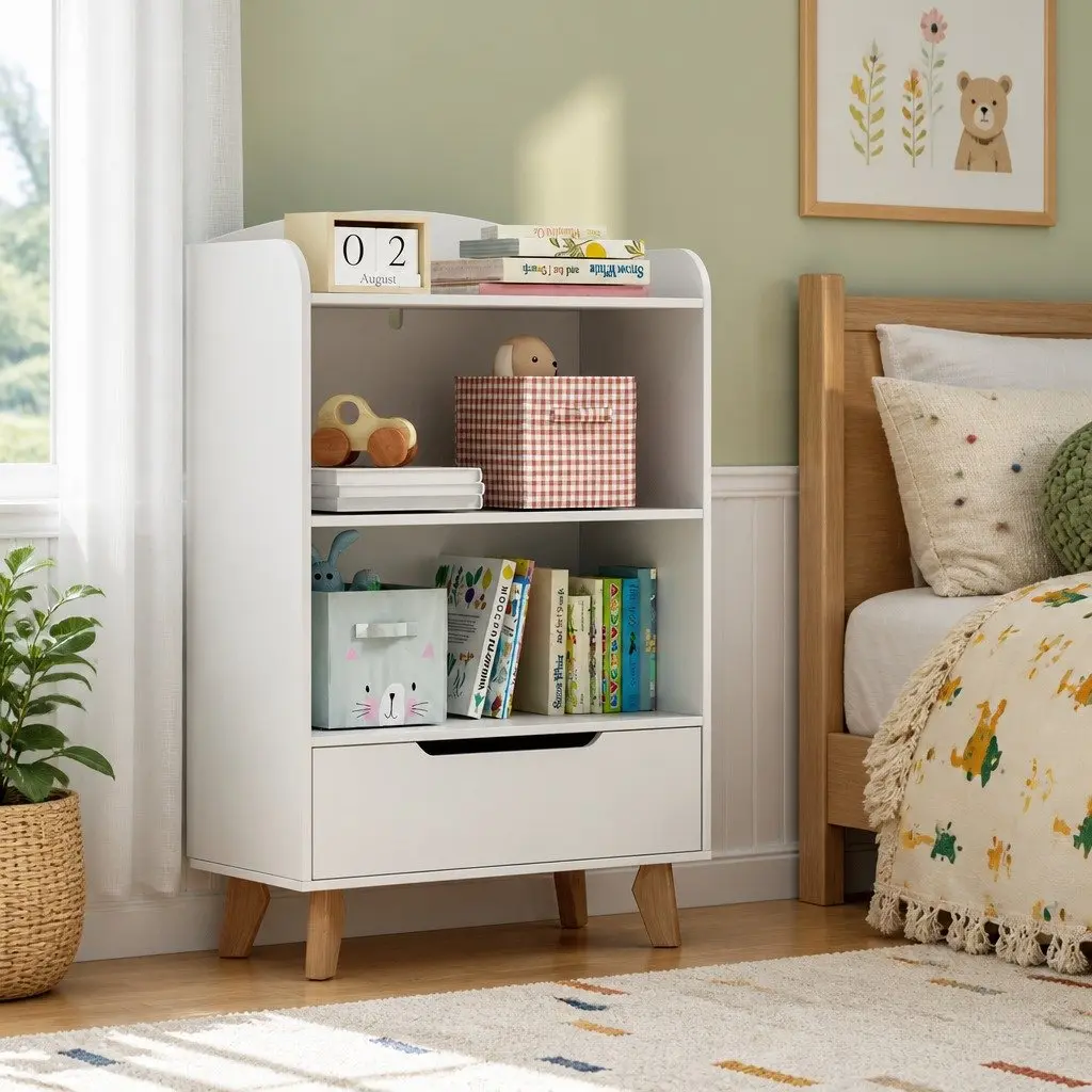 Kids Bookshelf Three Tier Storage Bookcase with Drawer Yellow