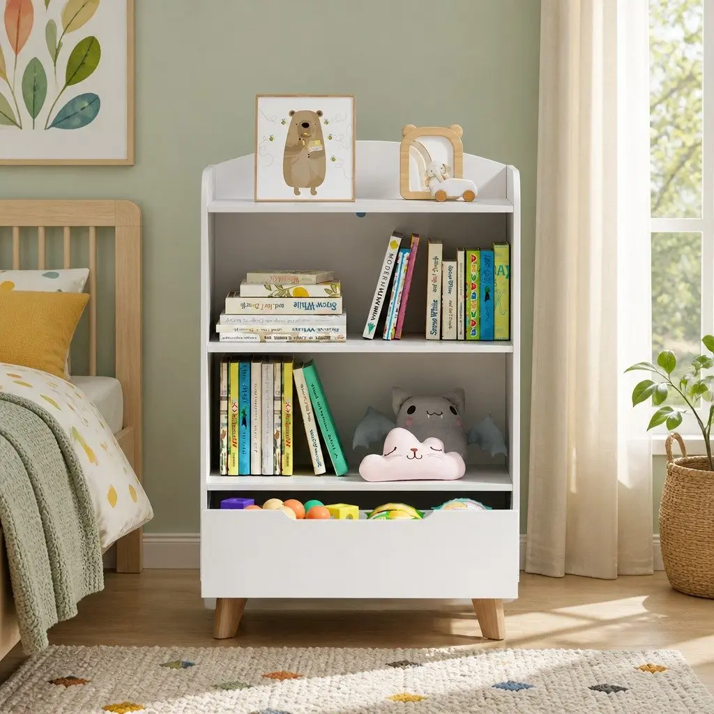 Kids Bookshelf Three Tier Storage Bookcase with Drawer Yellow