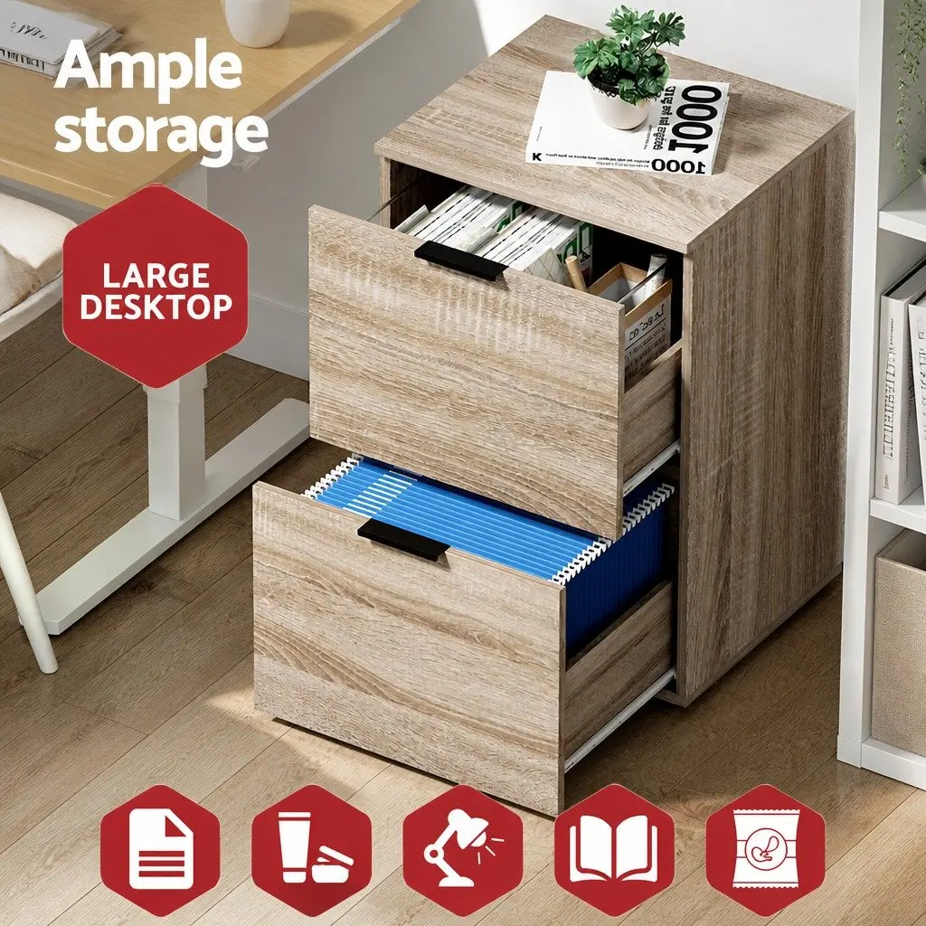 Filing Cabinet 2 Drawer Natural Wood Finish Compact Size Home Office Storage Organiser