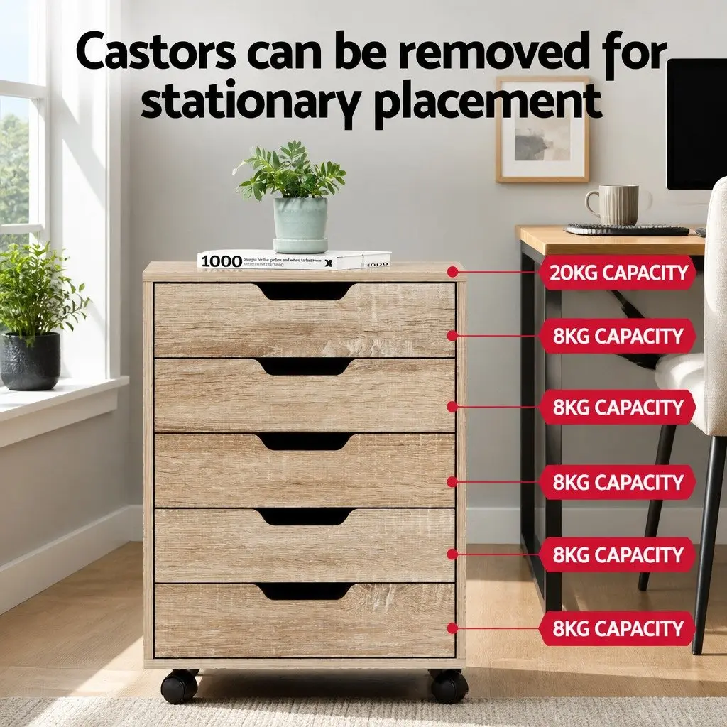 5-Drawer Filing Cabinet Mobile Rolling Storage Chest Walnut 49cm x 41cm x 62cm