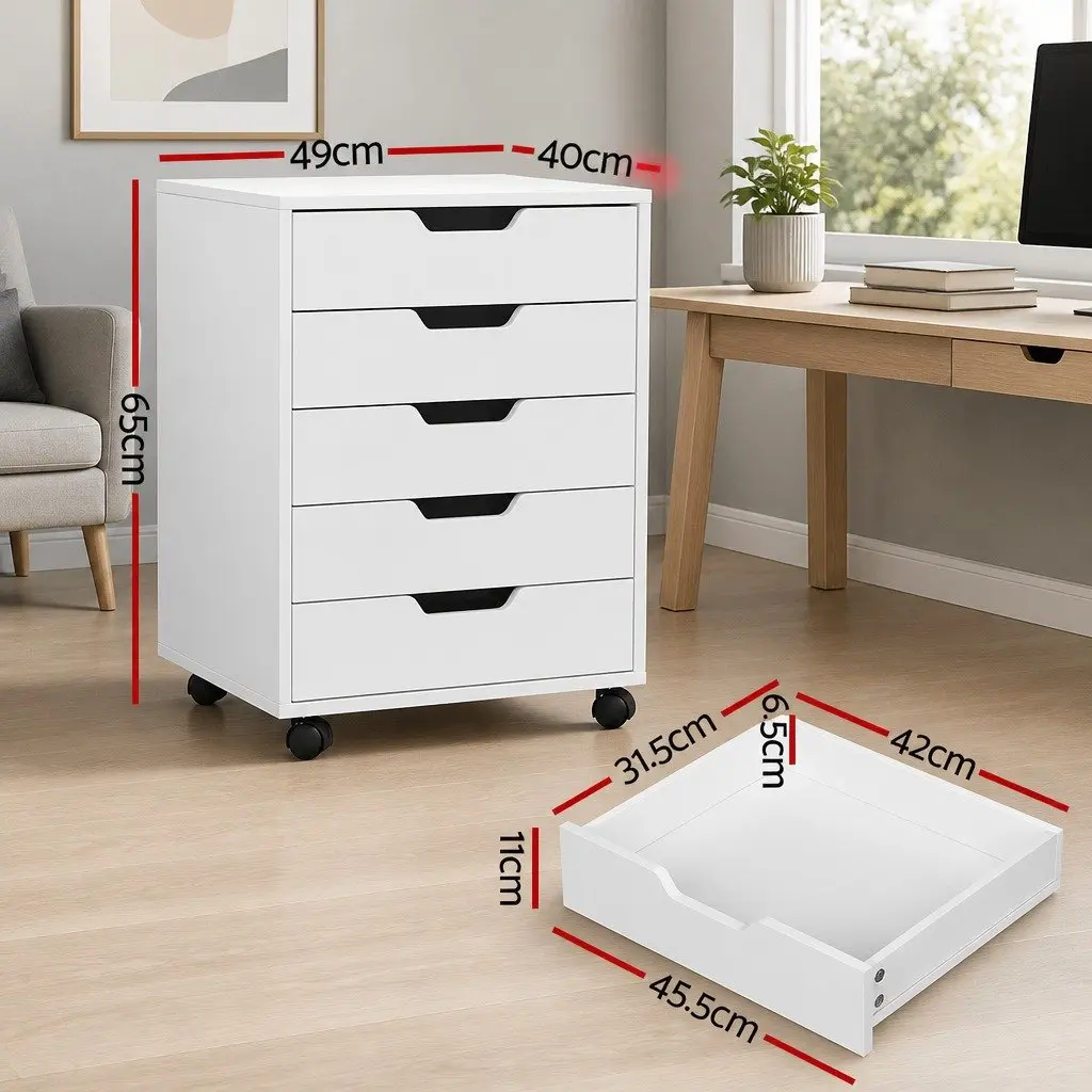 5-Drawer Mobile Filing Cabinet Rolling Storage Chest Organizer White