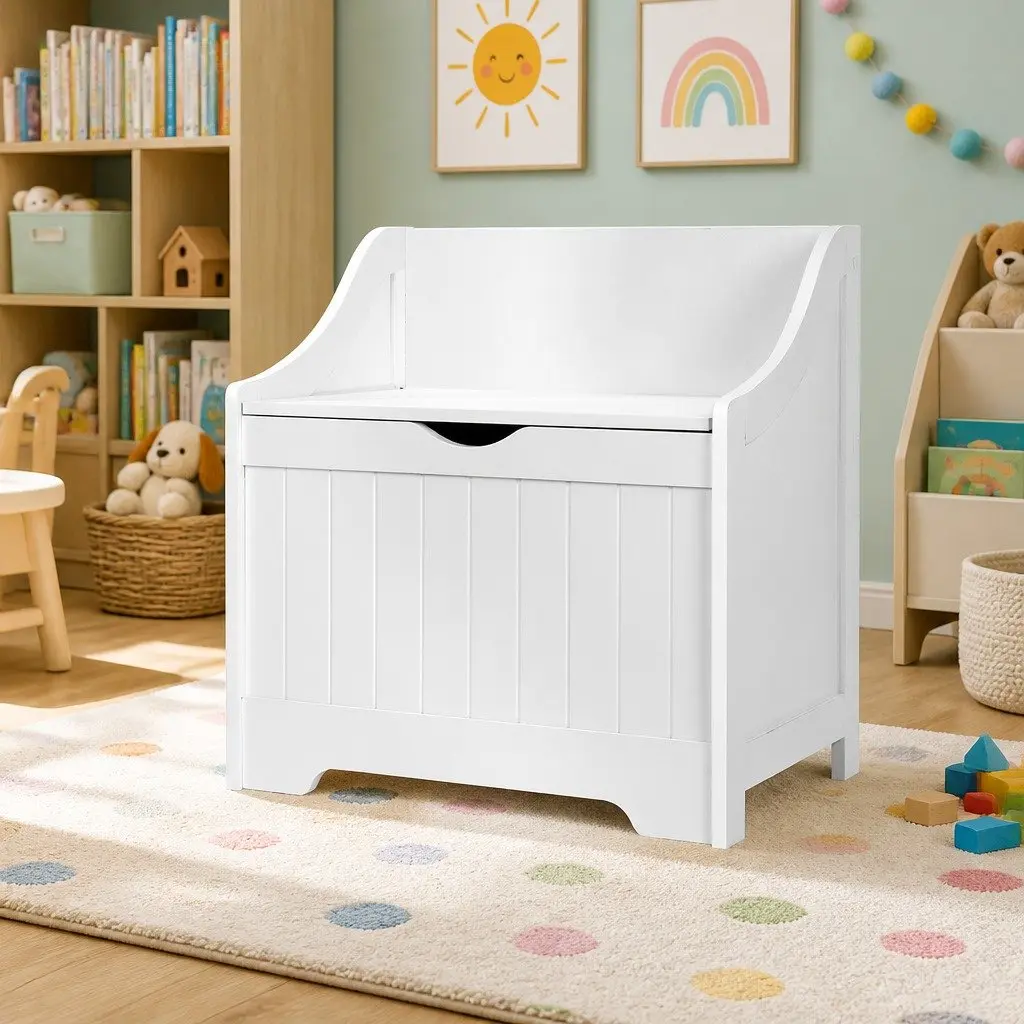 Kids Storage Box Bench Toy Organiser White 2-in-1 56cm x 38cm x 58cm