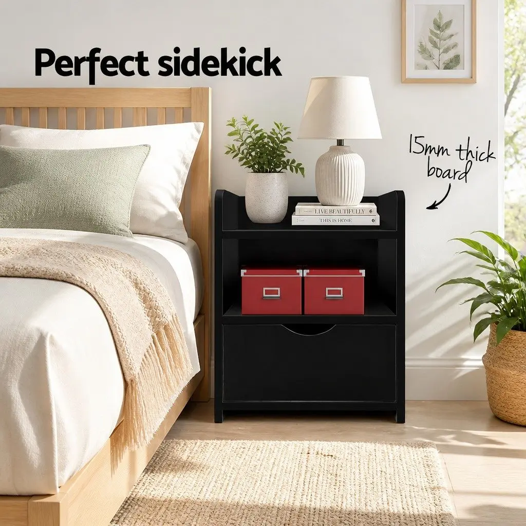 Bedside Table 1 Drawer with Shelves Black Bedroom Nightstand Storage Furniture