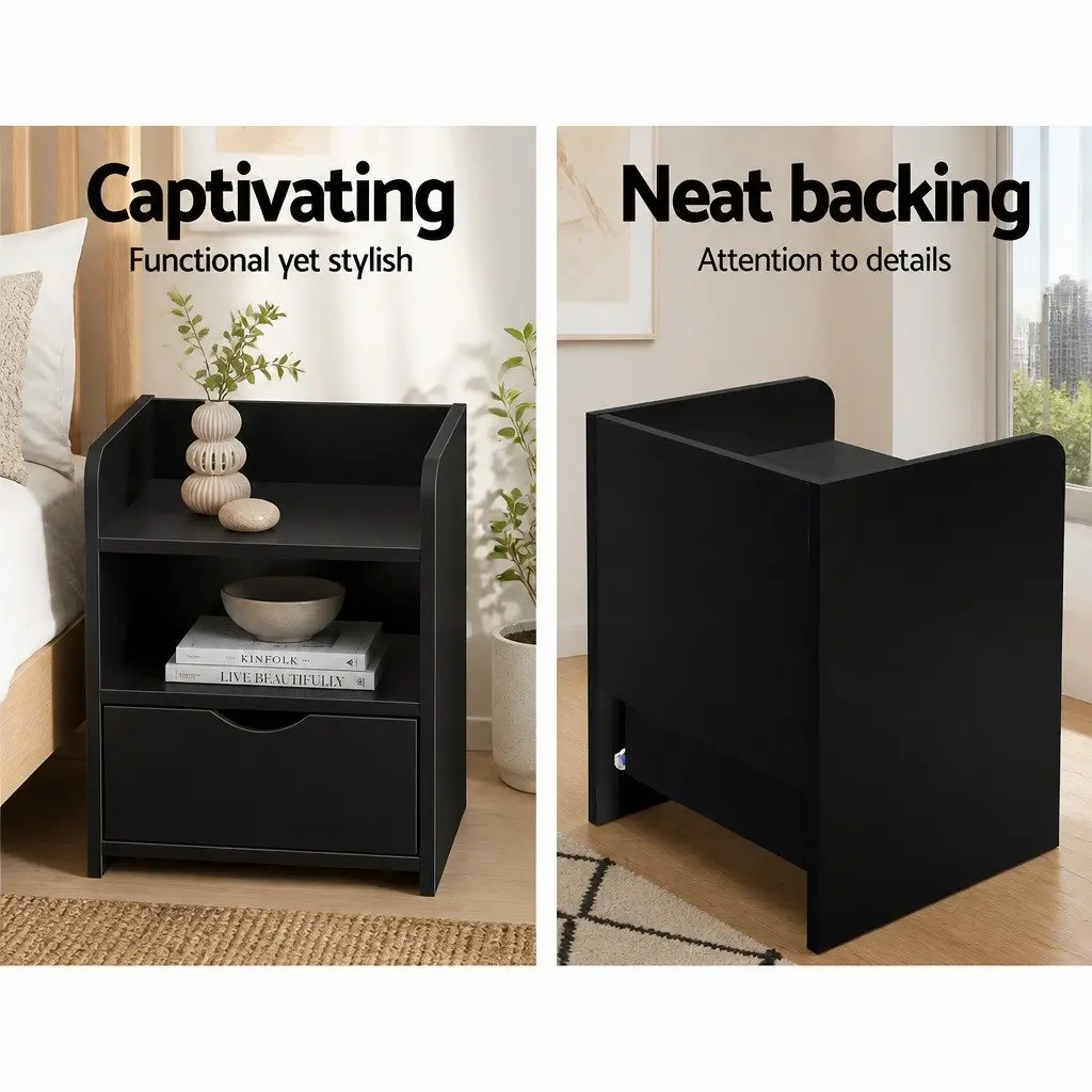 Bedside Table 1 Drawer with Shelves Black Bedroom Nightstand Storage Furniture