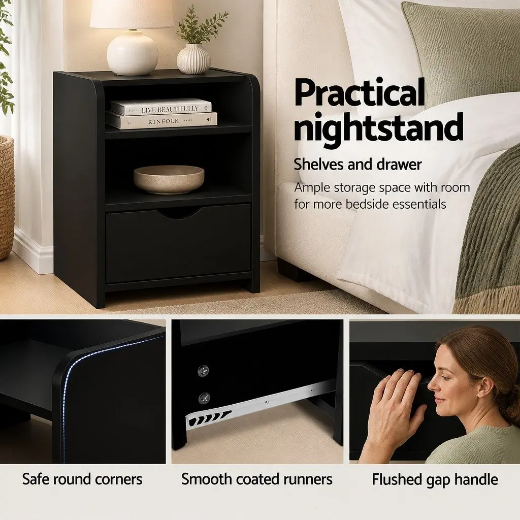 Bedside Table 1 Drawer with Shelves Black Bedroom Nightstand Storage Furniture