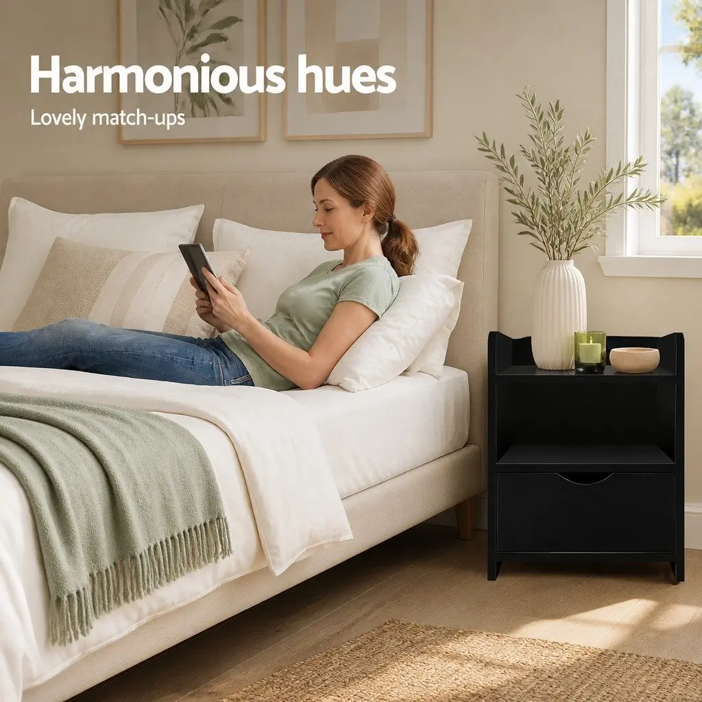 Bedside Table 1 Drawer with Shelves Black Bedroom Nightstand Storage Furniture
