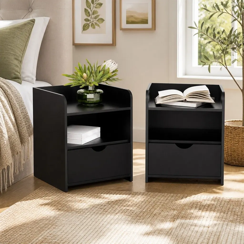 Bedside Table 1 Drawer with Shelves Black Bedroom Nightstand Storage Furniture